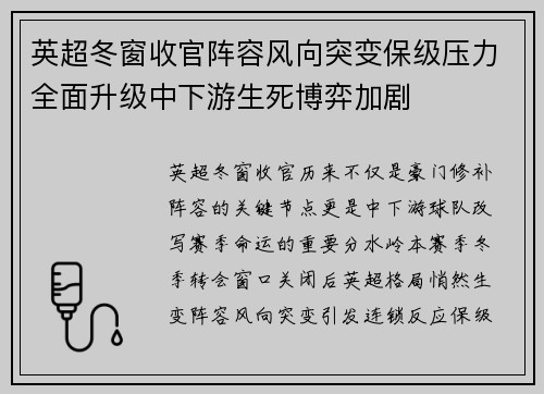 英超冬窗收官阵容风向突变保级压力全面升级中下游生死博弈加剧